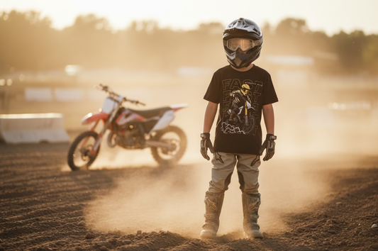 A boy wearing a dirt bike helmet stands confidently on a dirt track, dressed in youth motocross apparel.